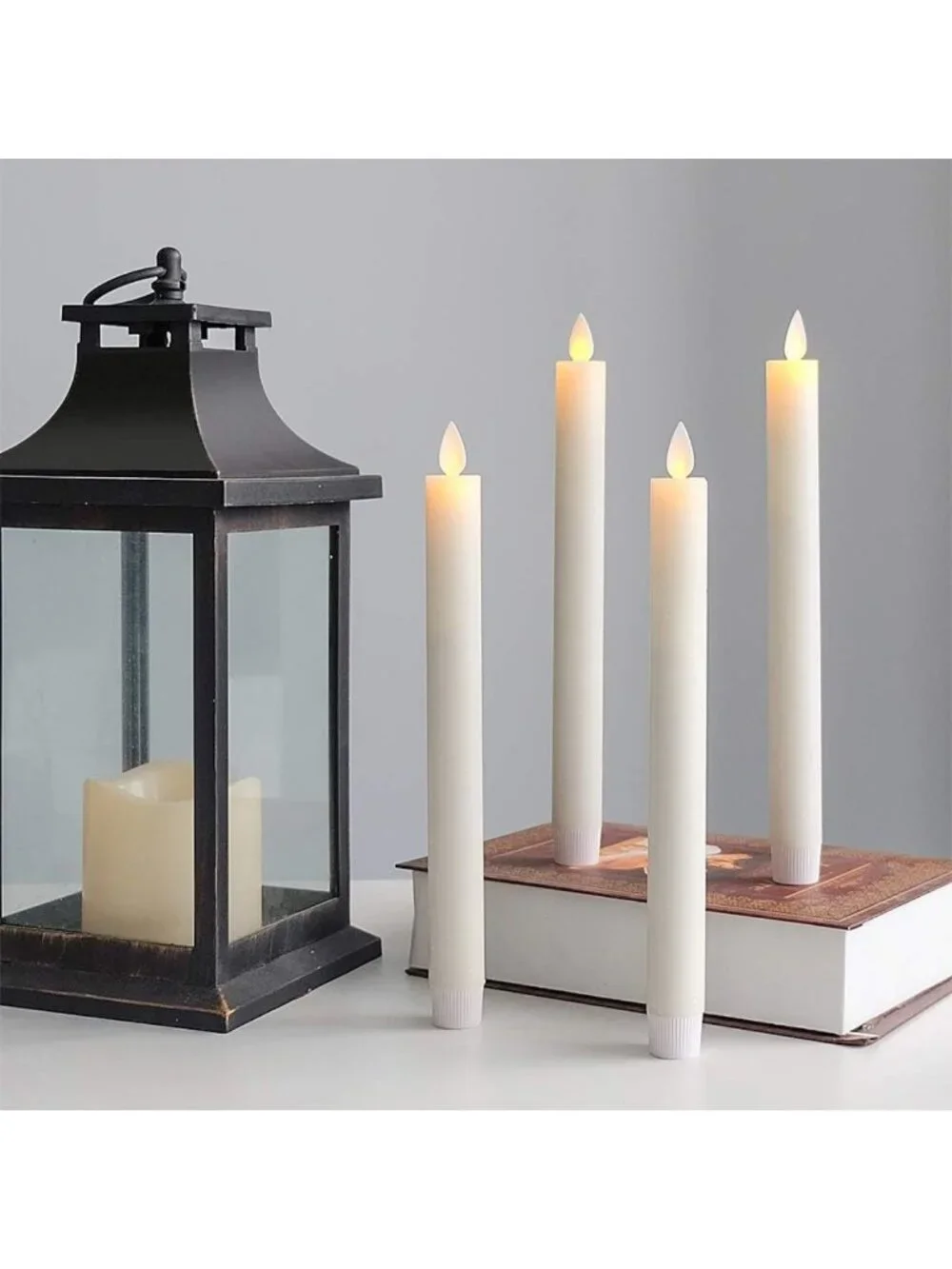 Set of 4 Ivory Flameless Taper Candles with Remote & Timer | Battery Operated
